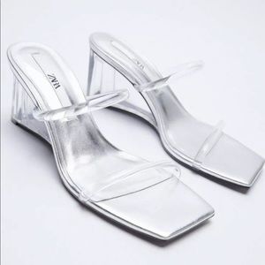 Zara Metallic Silver, Clear Double Strap Wedge Sandals